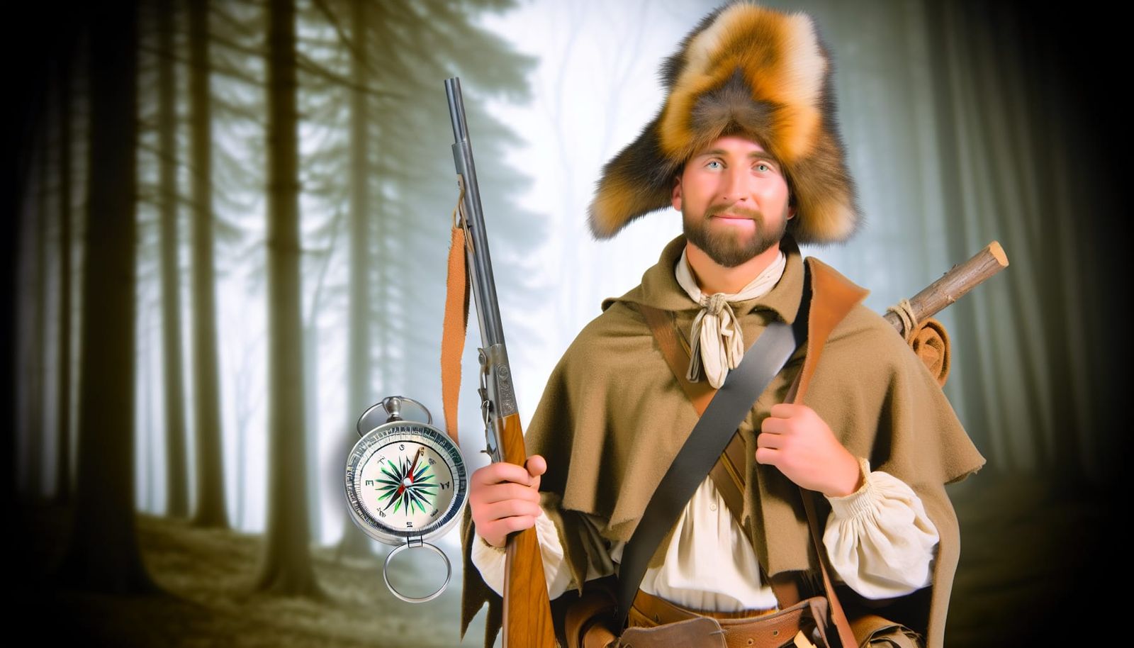 Frontiersman with Rifle and Compass in the Wilderness