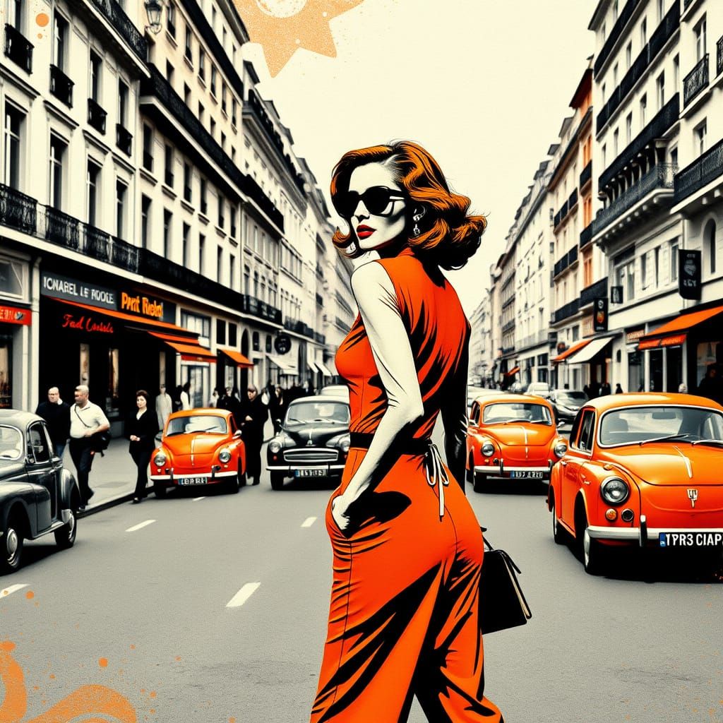 A woman from the 1960s walks down a street.