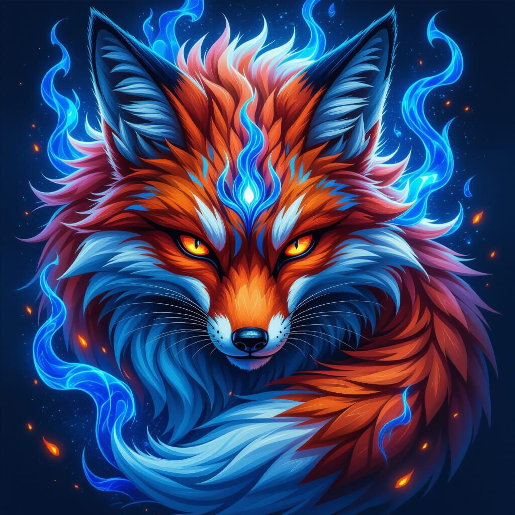 Detailed Kitsune Tattoo with Fox Magic Flames