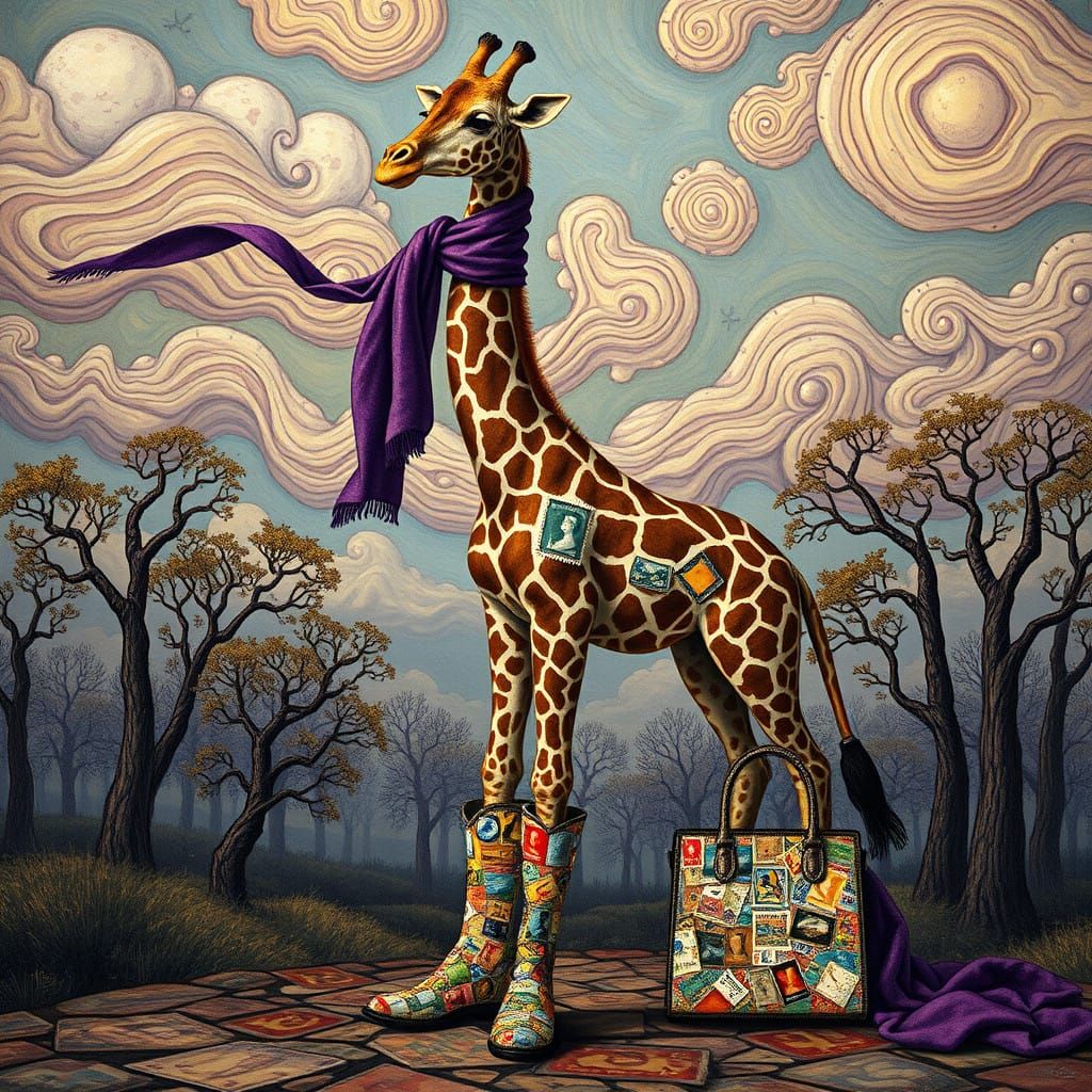 Giraffe in Vintage Postage Stamp Boots and Scarf in Dreamlik...