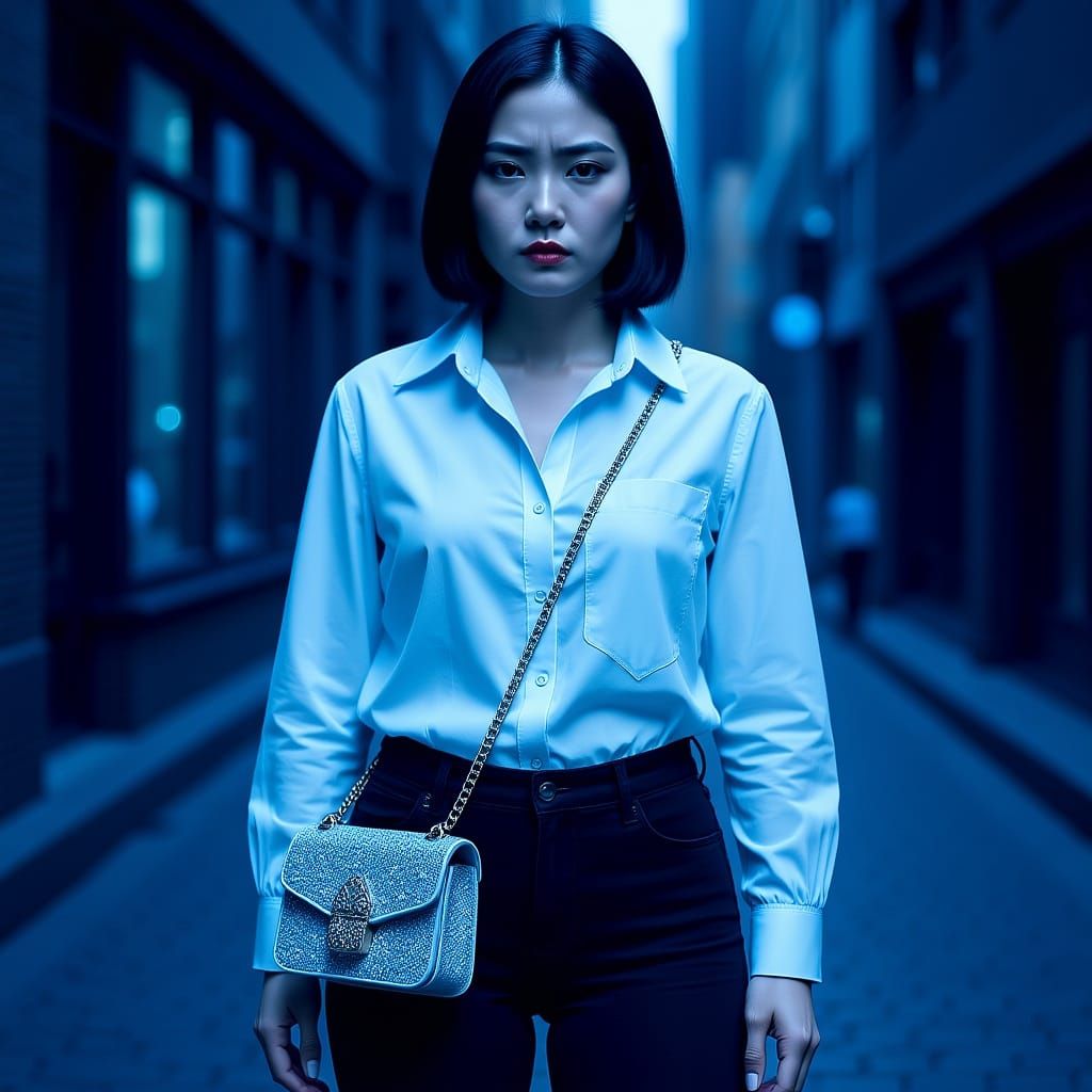 Crystalline Fashion in Urban Blue Lighting