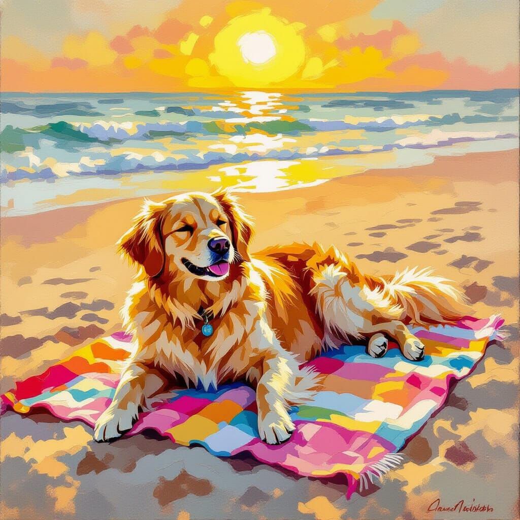 Golden Retriever Dog Sunbathing on Beach in Impressionistic ...