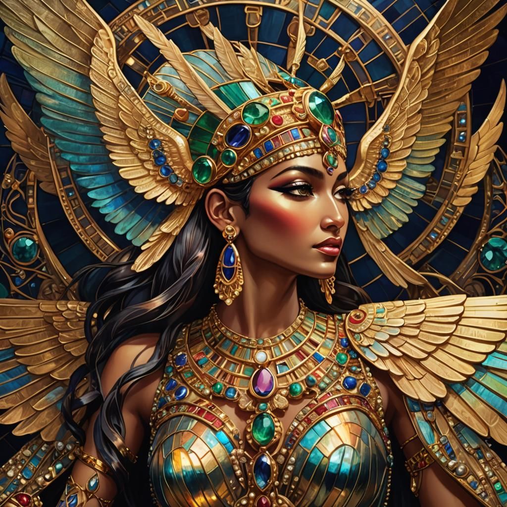 Winged Egyptian Goddess in Art Nouveau Style