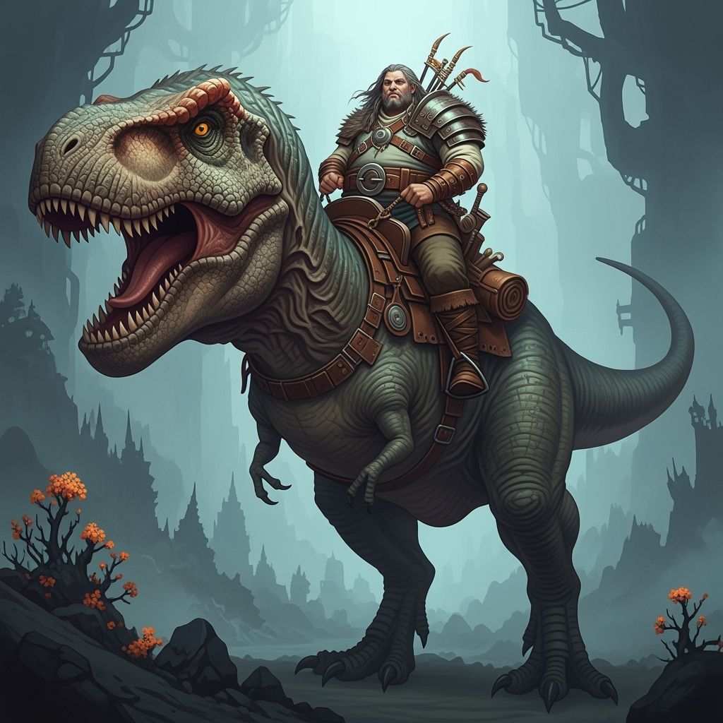 Man Rides Giant T-Rex in Fantasy Art Style