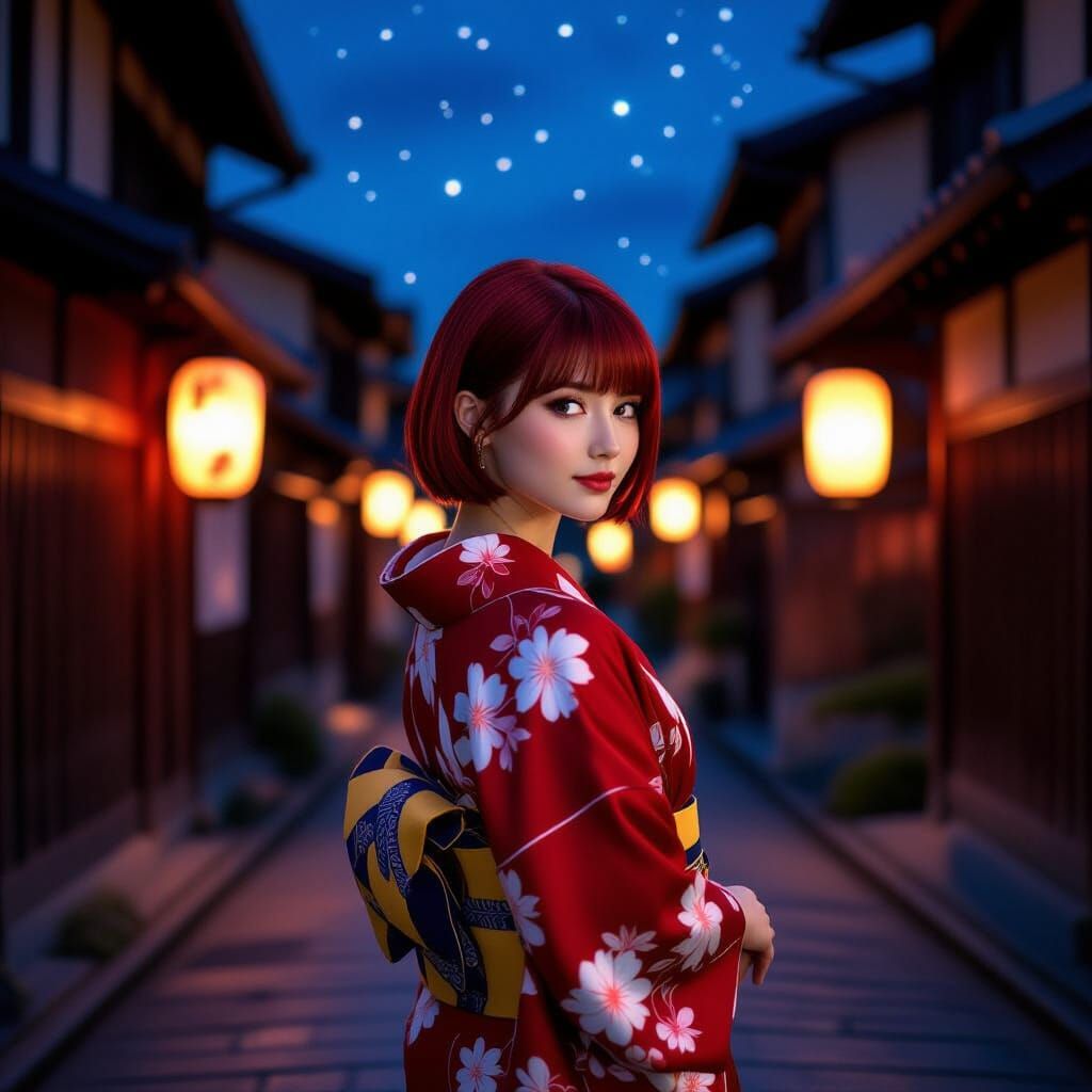 Red-Haired Woman in Crimson Yukata at Night