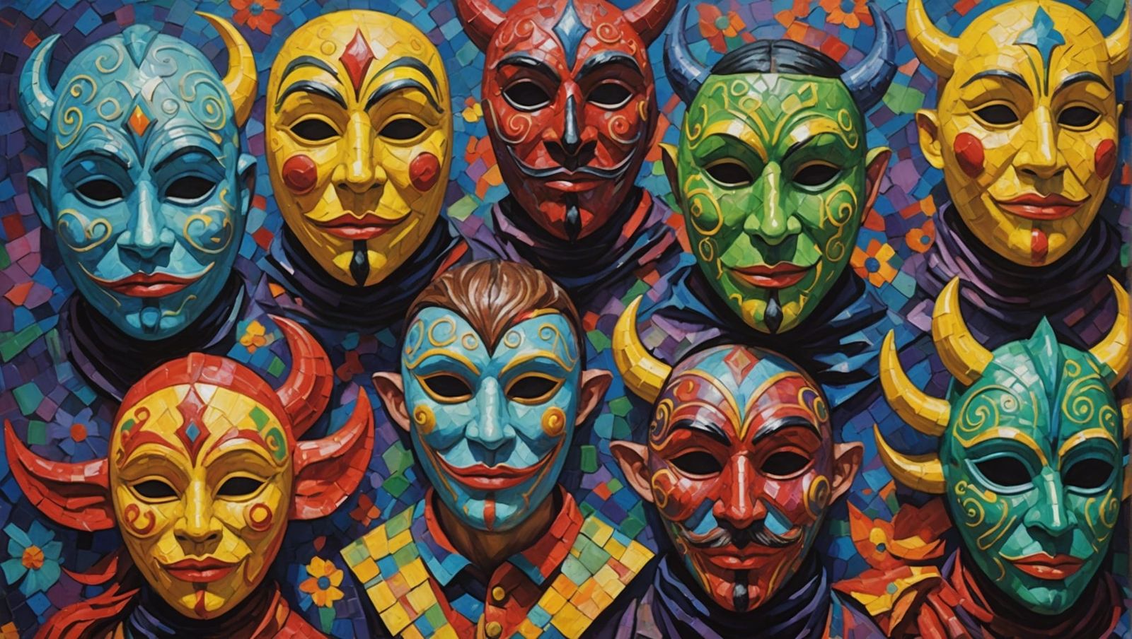 Masked Figures in Neo-Impressionist Expressionist Oil Painti...