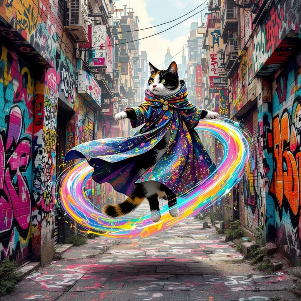 Calico Cat Levitation in Graffiti Cityscape