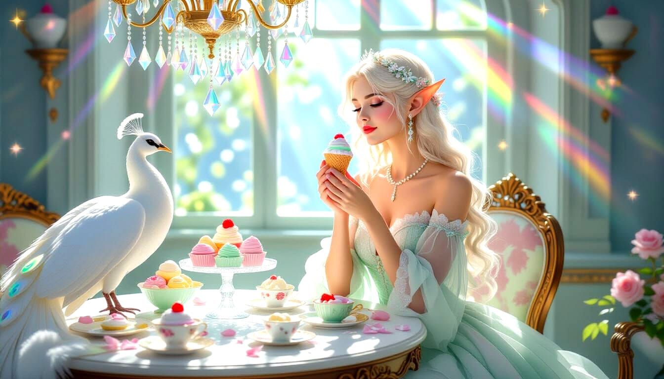 Elf Woman with Ice Cream in Pastel Spring