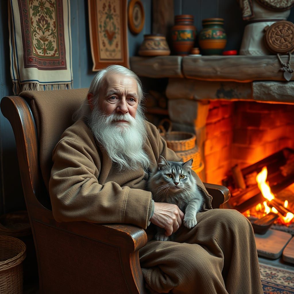 Warm Ukrainian Hearth Scene in Traditional Folk Art Style