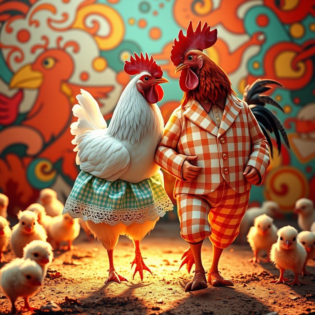 Elegant Farmyard Duo in Whimsical Art Nouveau Style