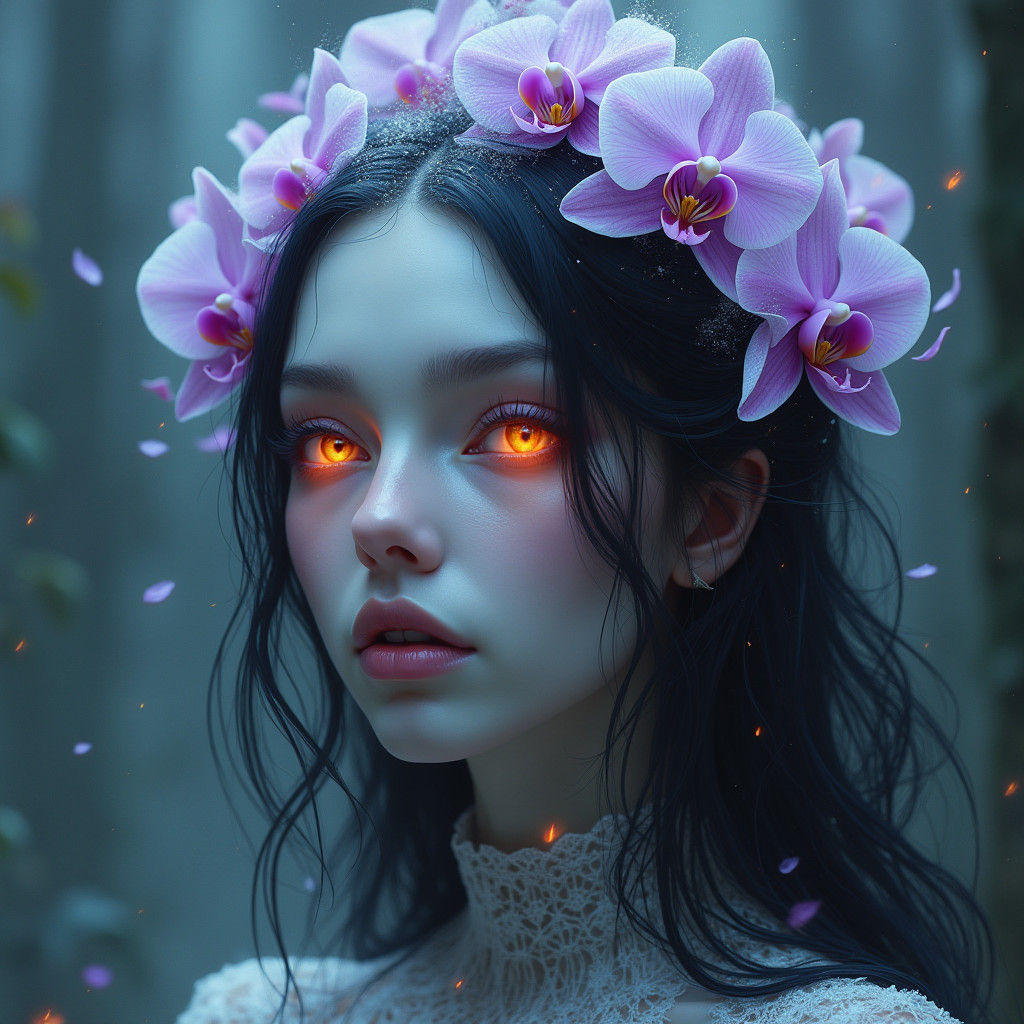 Goddess with Orchid Crown in Dark Fantasy Style
