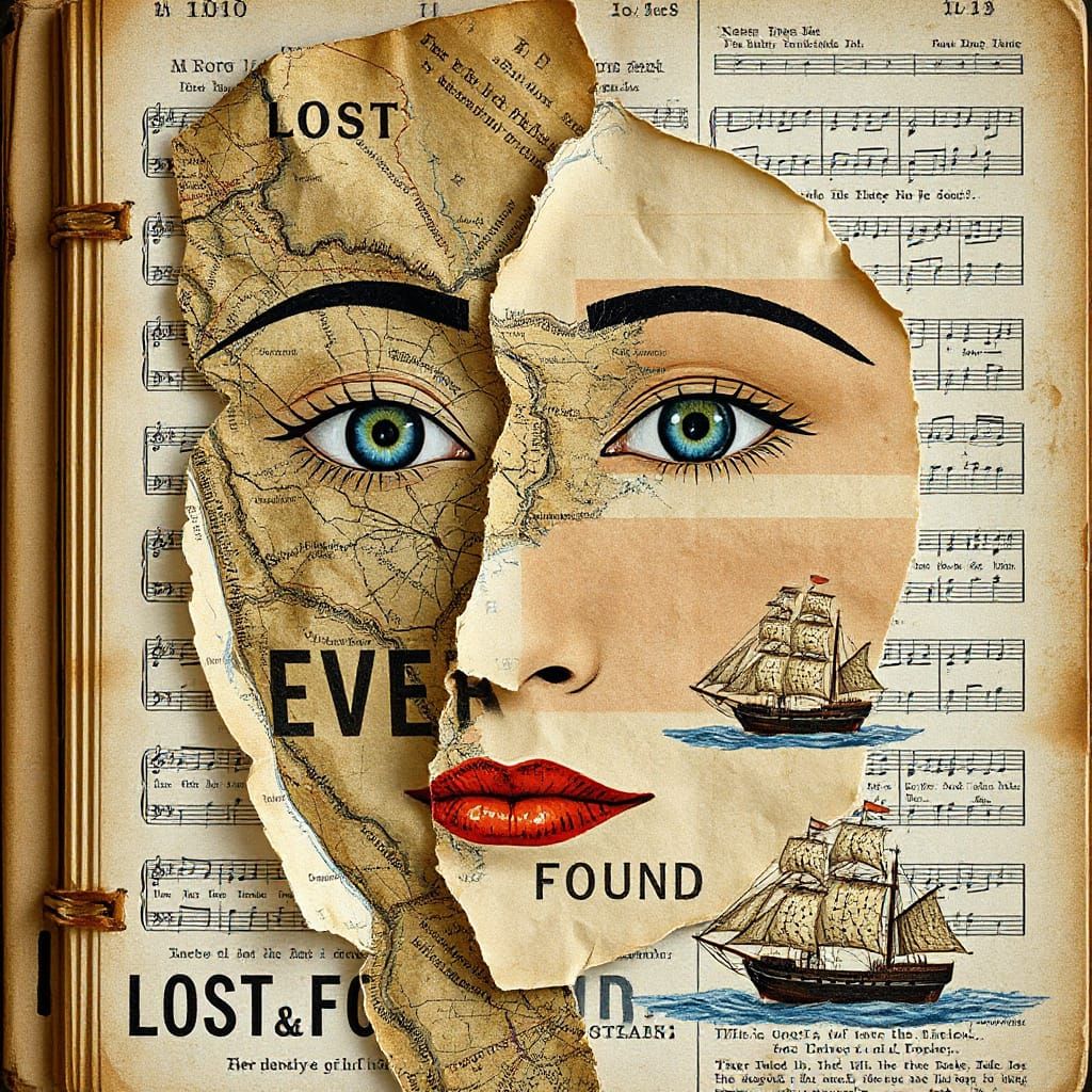 Vintage Map Face in Dadaist Mixed-Media Style