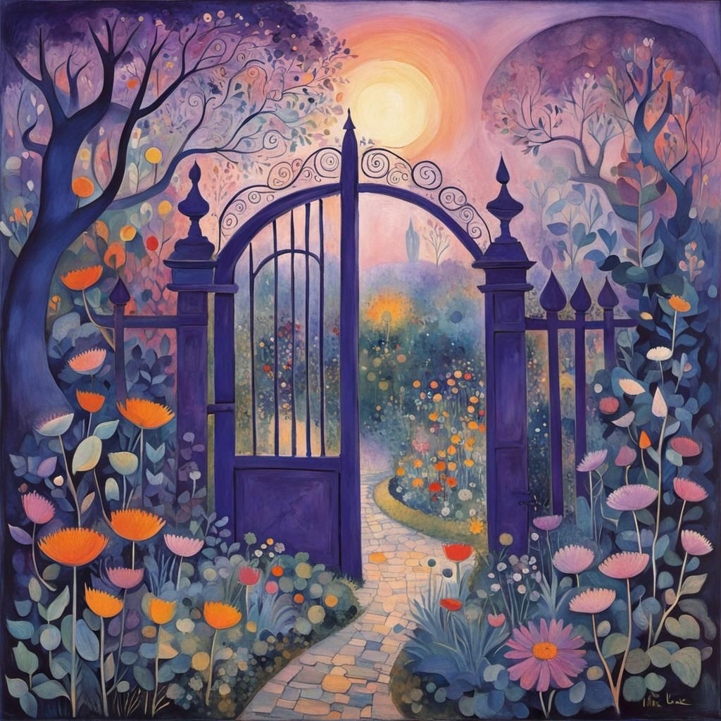 Enchanted Garden Gate in Violet Light
