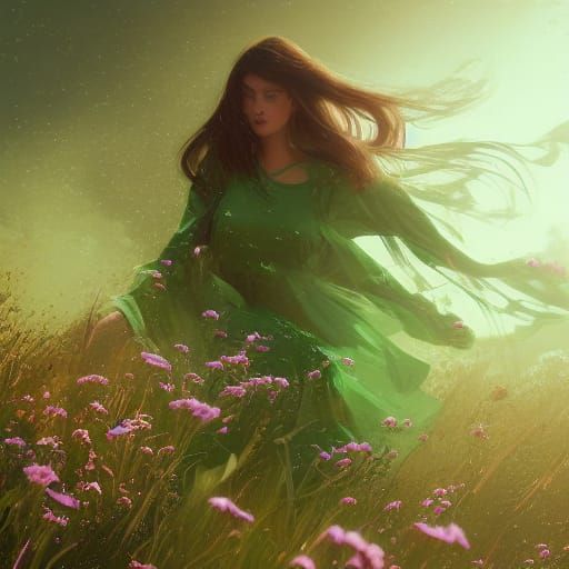 Woman in Floral Dress and Landscape, Art Nouveau Style