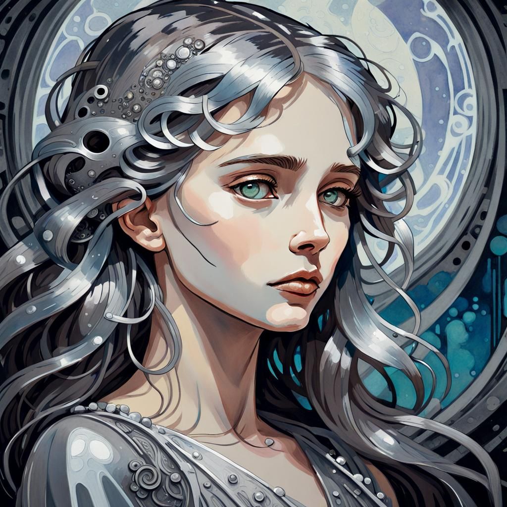 Gorgeous feminine anime woman portrait perfect face Alphonse...