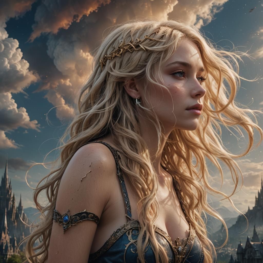 Blonde Woman Gazing Skyward: Fantasy Concept Art