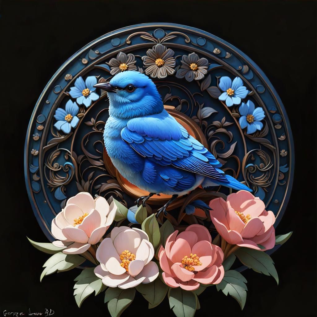 Blue Bird in Baroque Flower Garden
