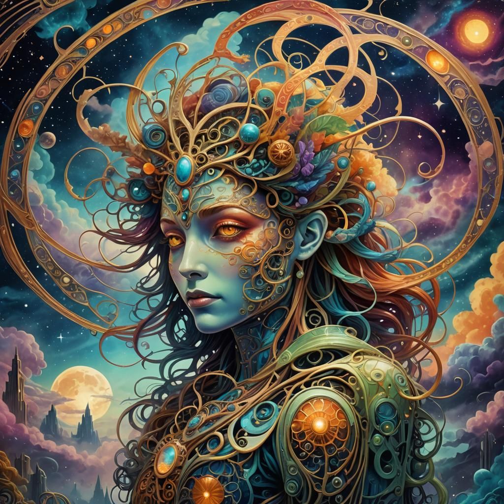 Cosmic Dreamscape Creature in Art Nouveau Style