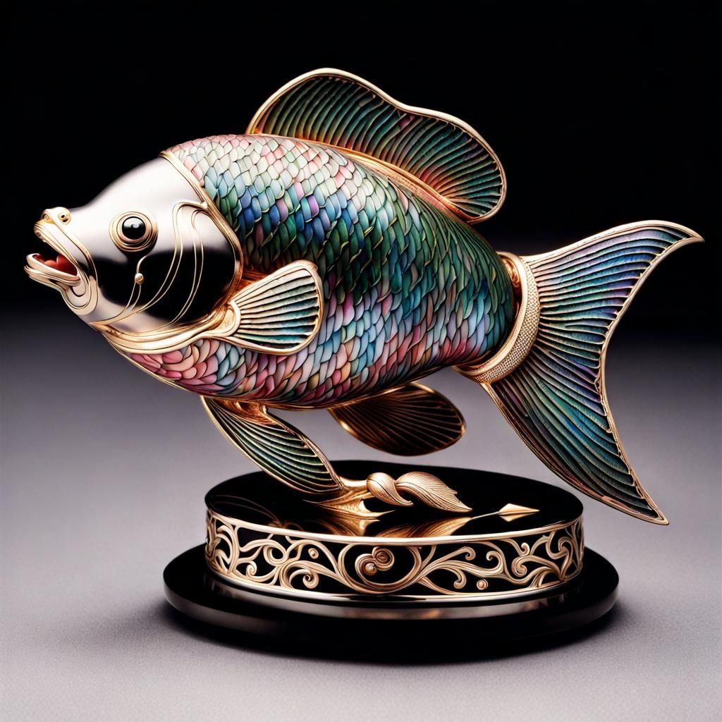 Intricate Metal Koi Carp with Azalea in Faberge Style