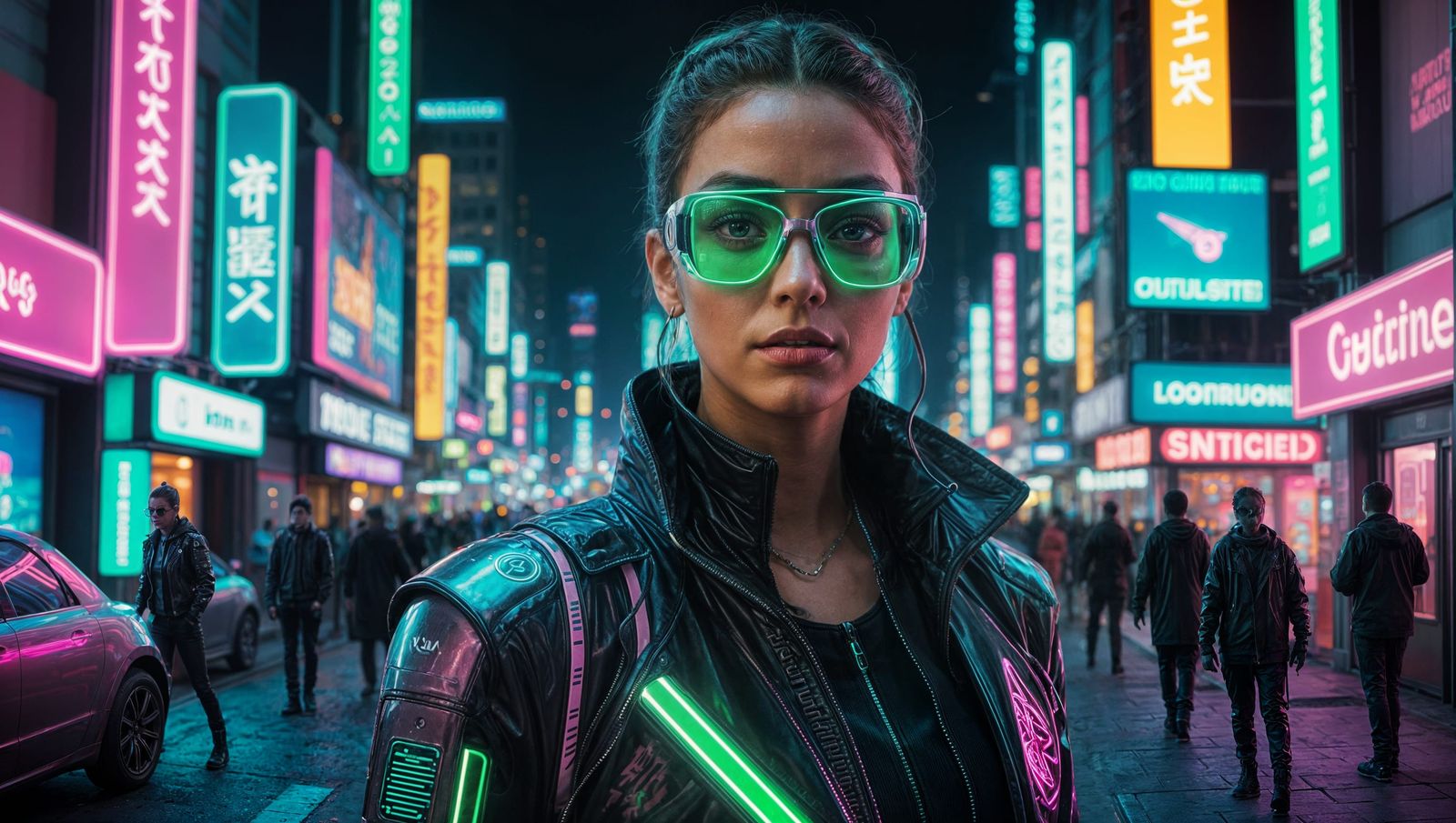 Cyberpunk Woman with Neon Glasses in Futuristic City