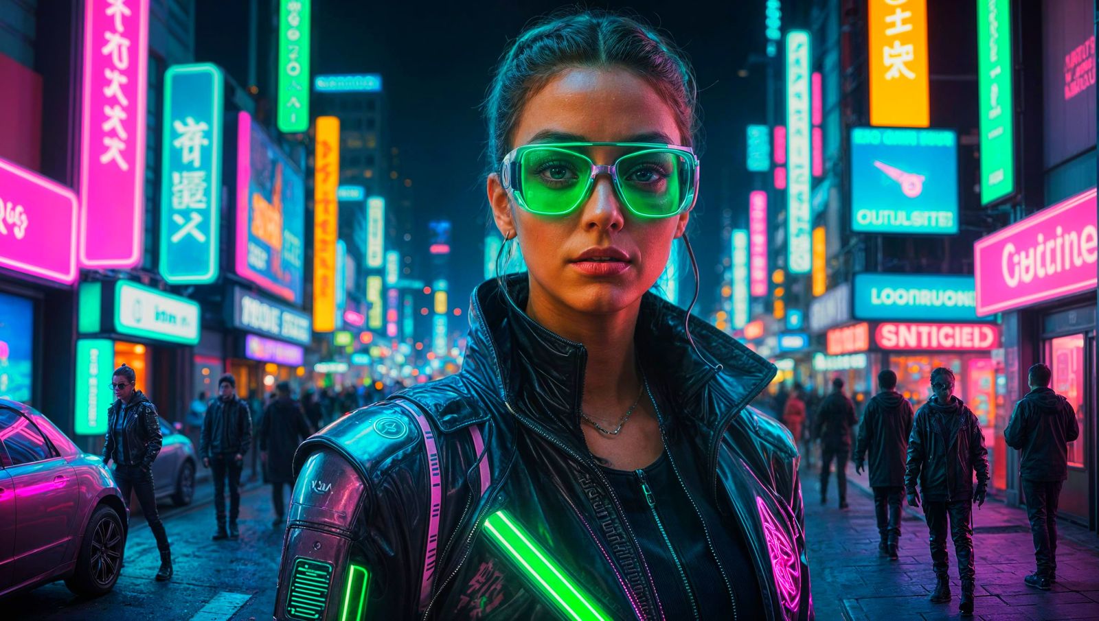 Cyberpunk Woman with Neon Glasses in Futuristic City
