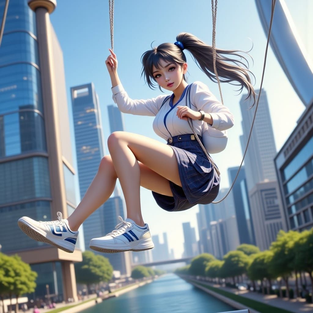 Schoolgirl on Swing Set in Stylized Urban Landscape