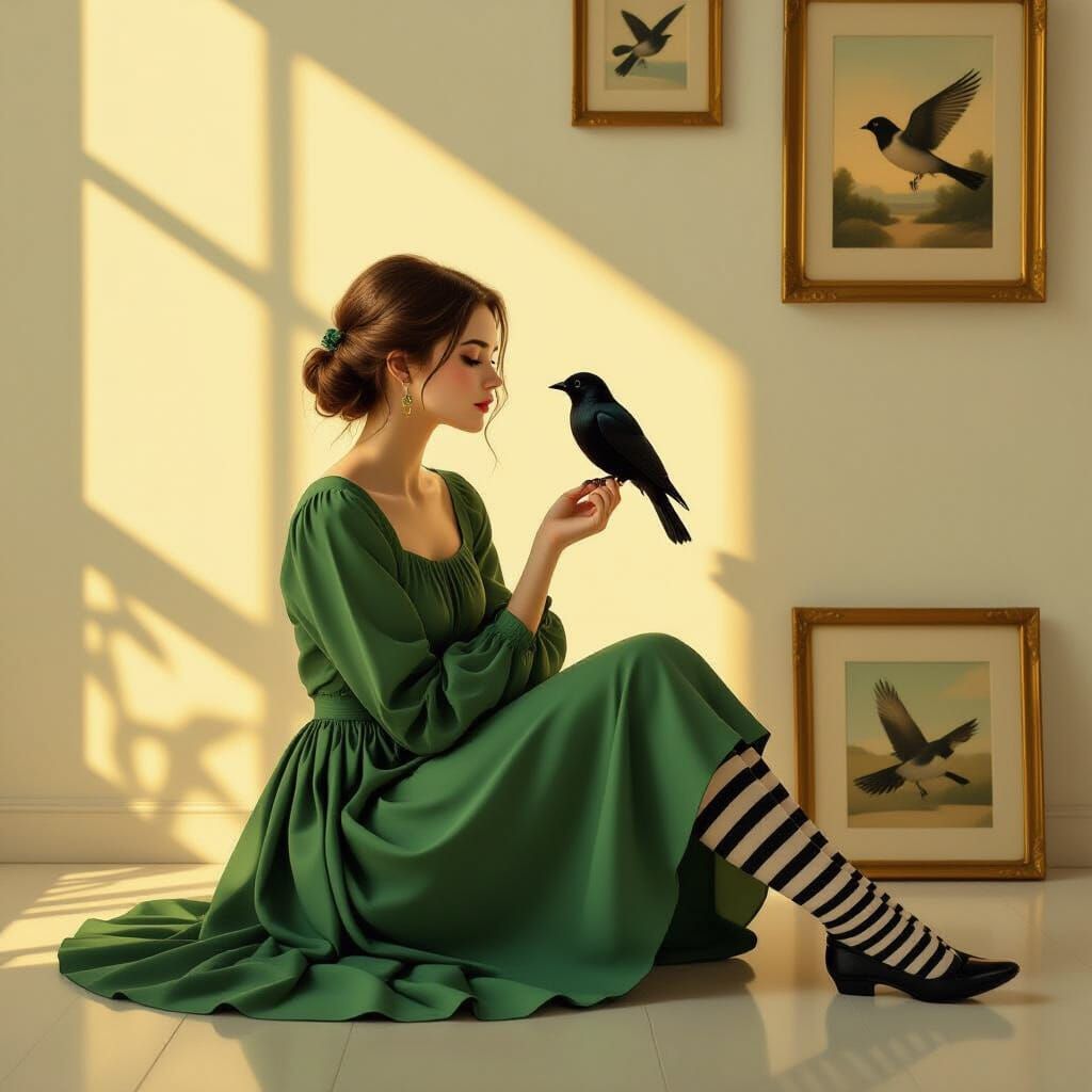 Woman with Bird in Minimalist Room: Photorealistic Art