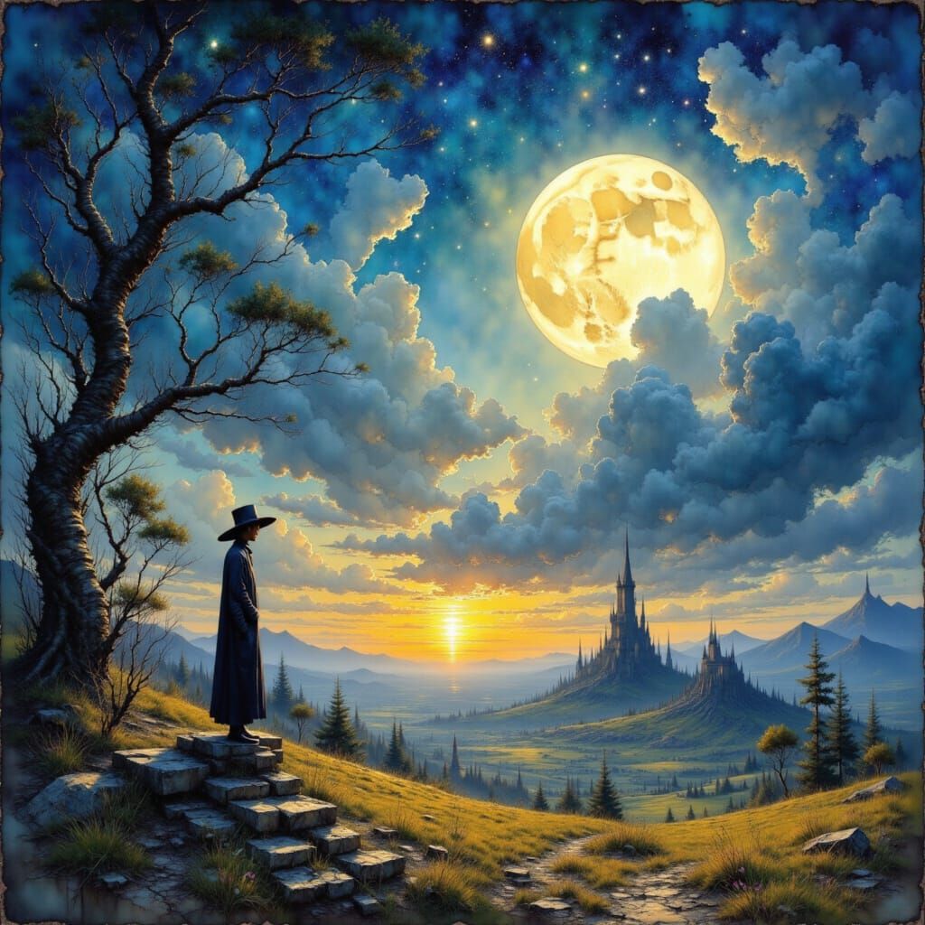 Sunlit Plains with Zentangle Skyline in Mixed Media