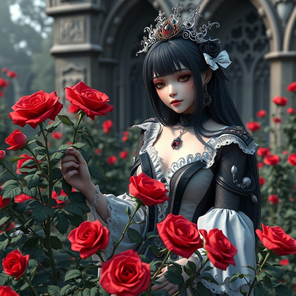 Gothic Rose Picker in a Haunting Garden