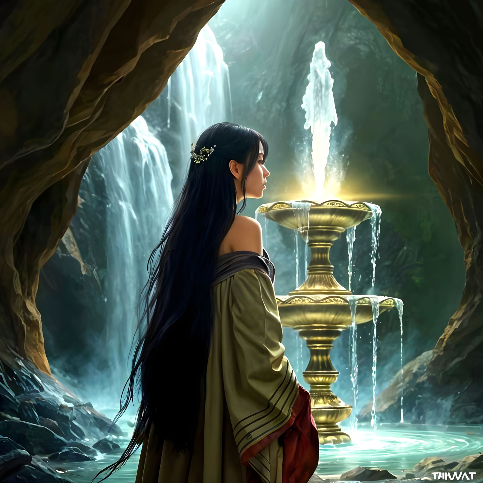 Korean Woman Gazing at Crystalline Fountain