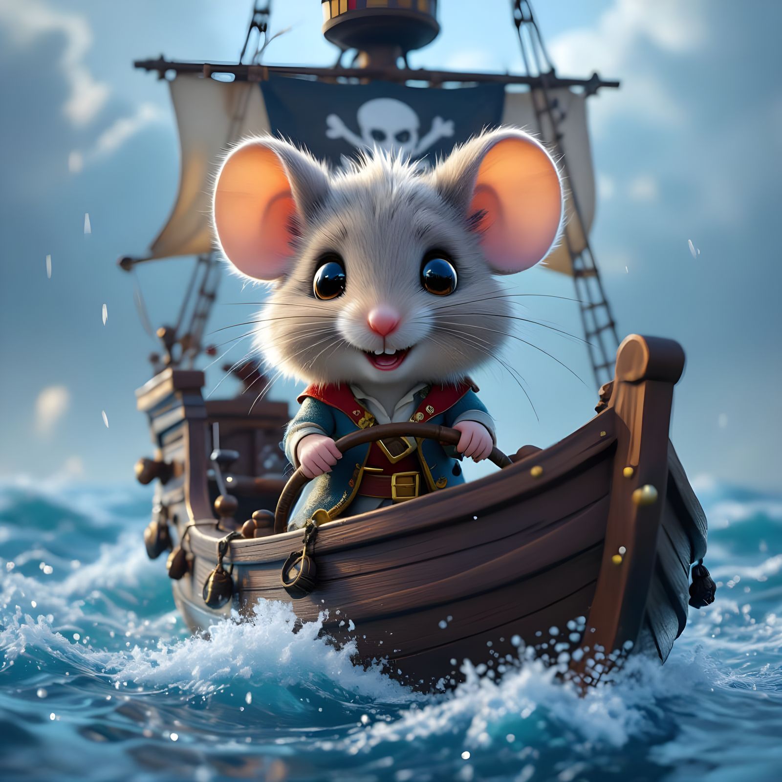 Fluffy Mouse Pirate Captain on Stormy Seas
