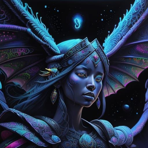 Cosmic Dragon in Astral Landscape, Mixed Media Art