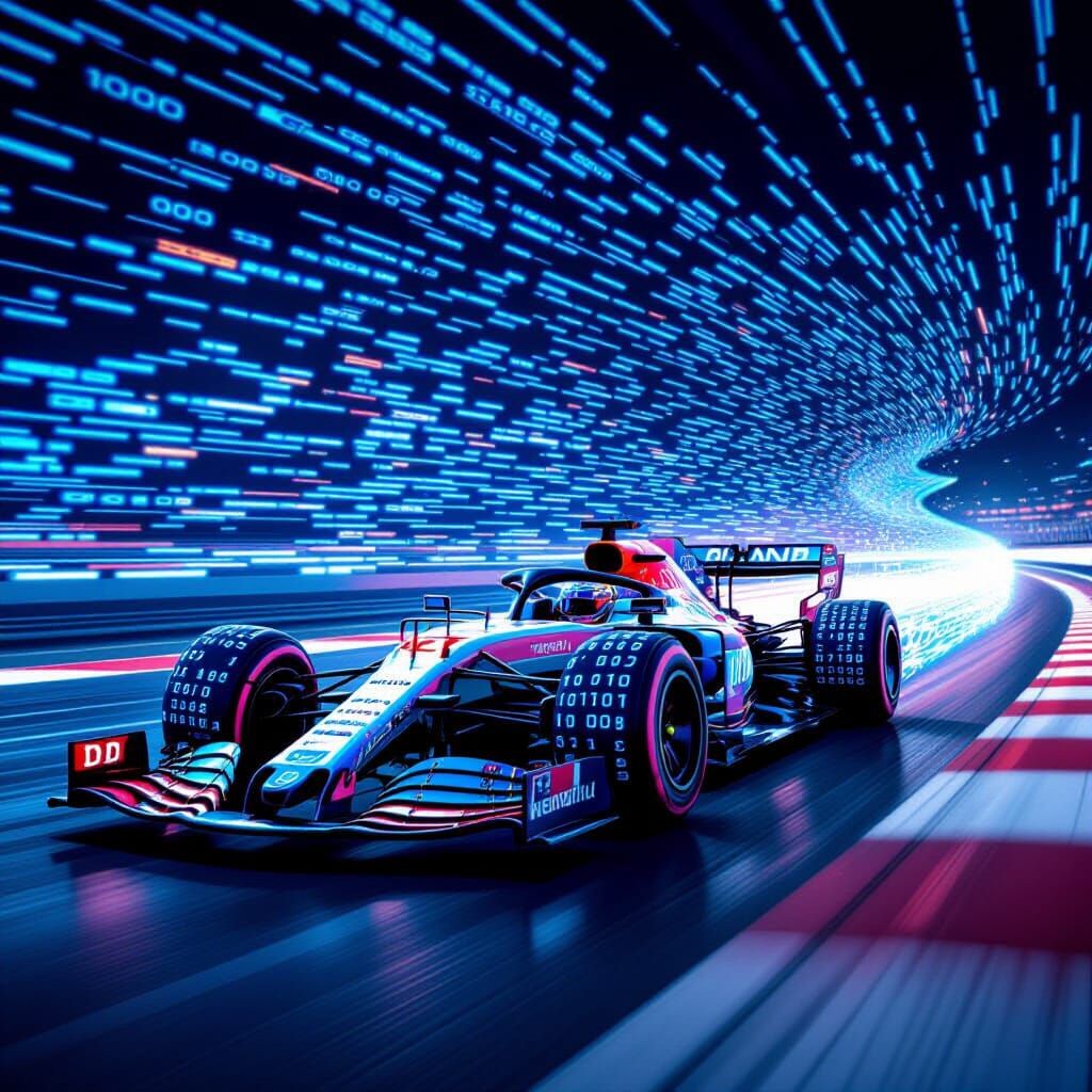Futuristic Binary Race Car Speeds Down Digital Track