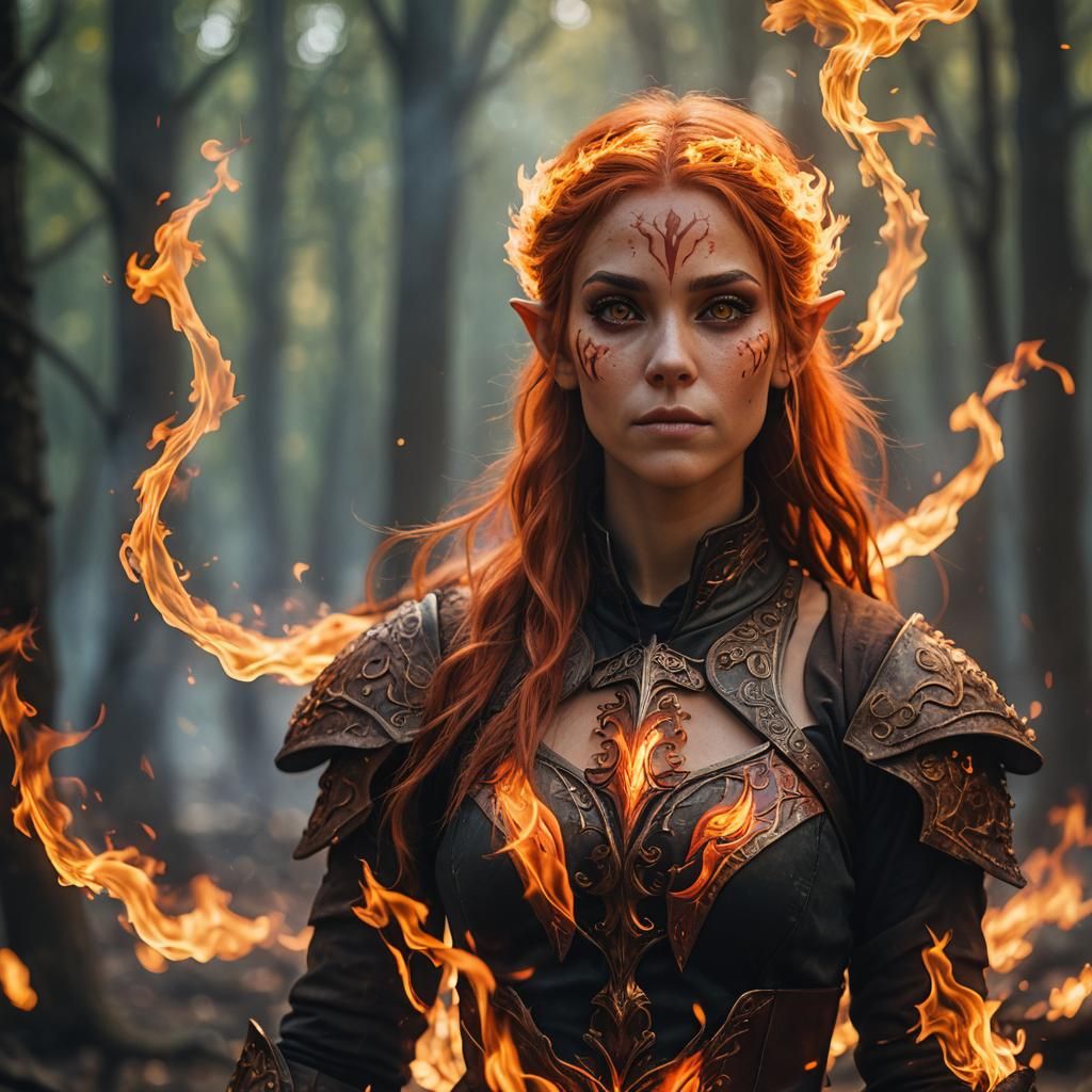 Dramatic Fire Elf Portrait with Bokeh Effect