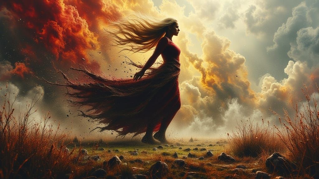 Fierce Blonde Woman in Stormy Dark Oil Painting