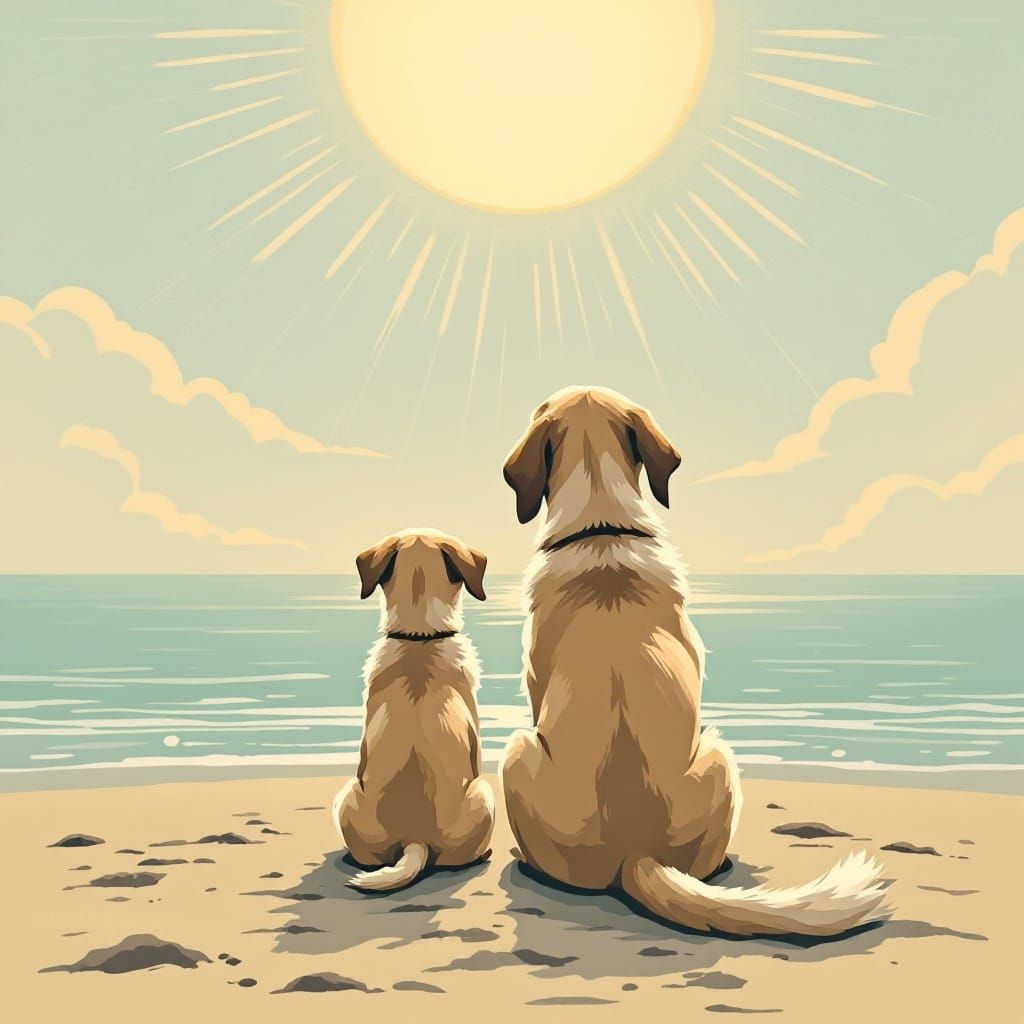 Mother and Son Gaze Upward at Serene Beach Sunset