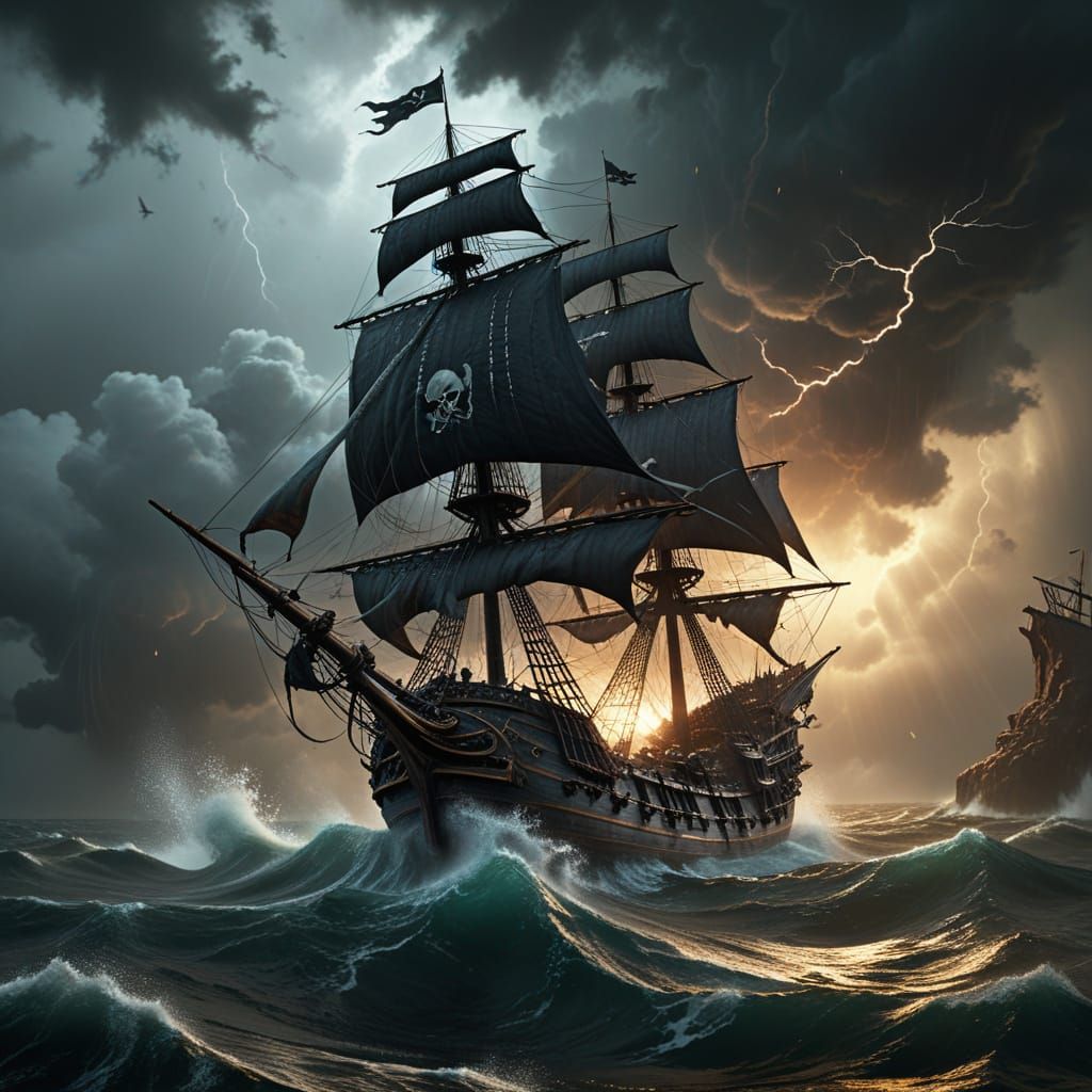 A battered pirate galleon sailing through the rough seas try...