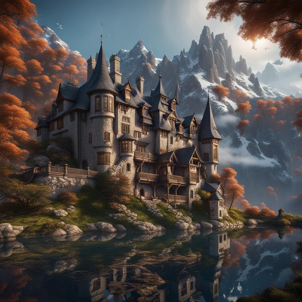 Grand Manor by Mountain Lake: Fantasy Concept Art