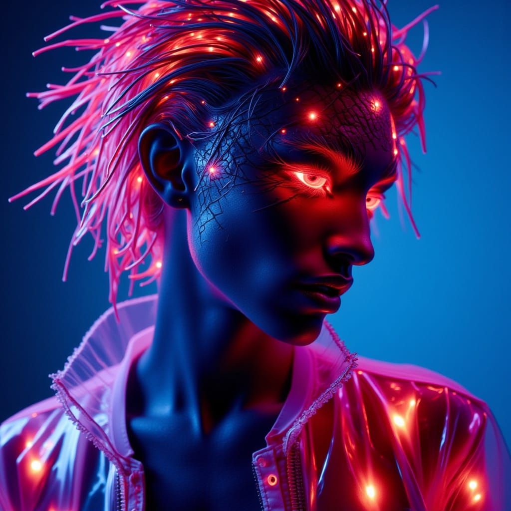 Glitchcore Portrait of Scaled Lady with Neon Accents