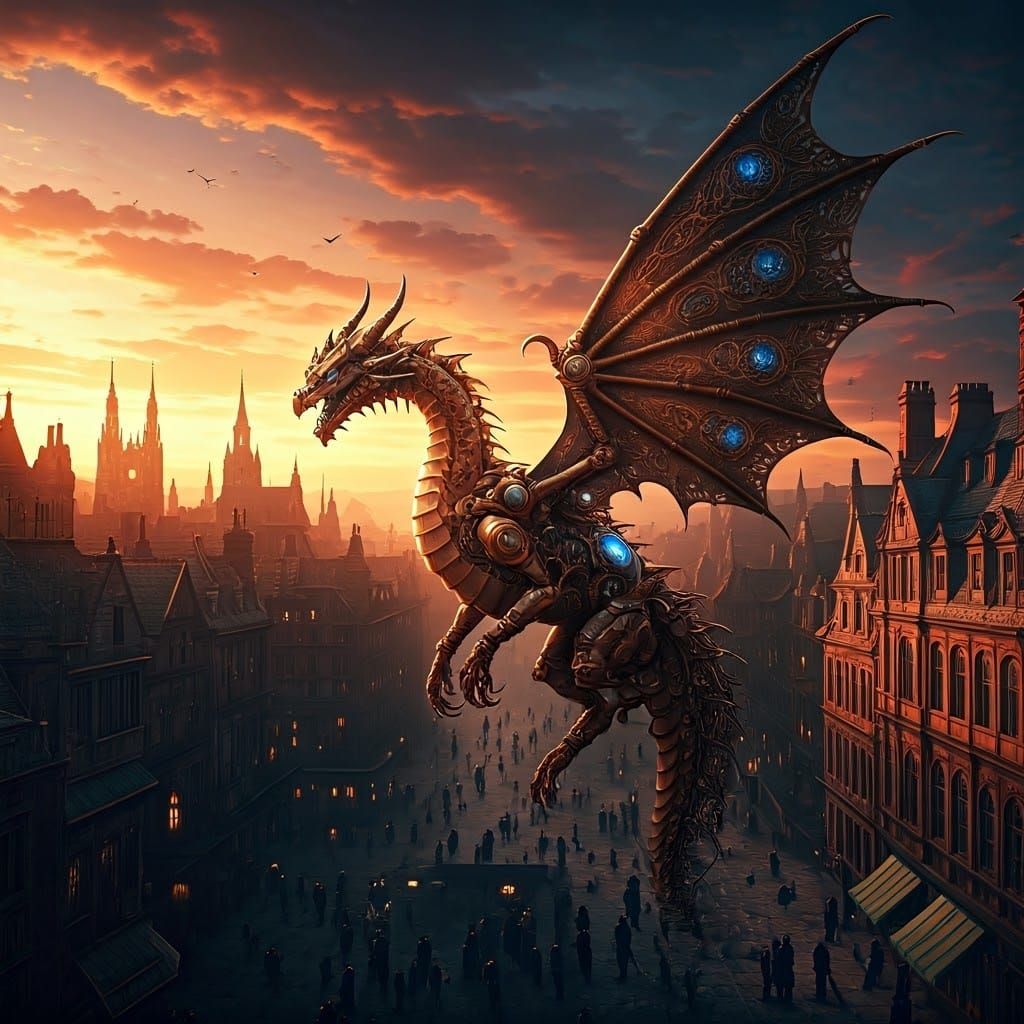 Steampunk Dragon Soaring Over Victorian Town