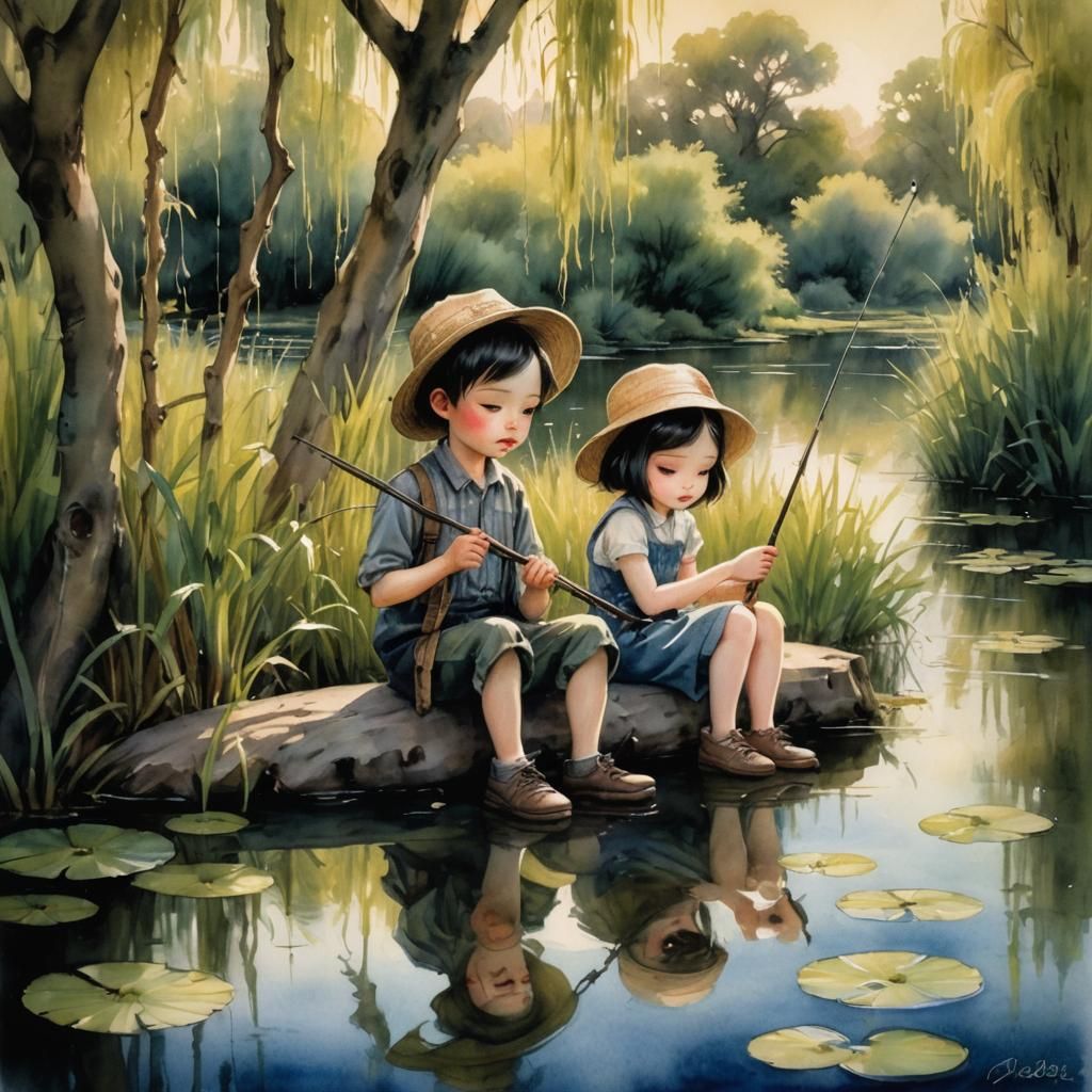 Children Fishing at Sunset in Watercolor Style