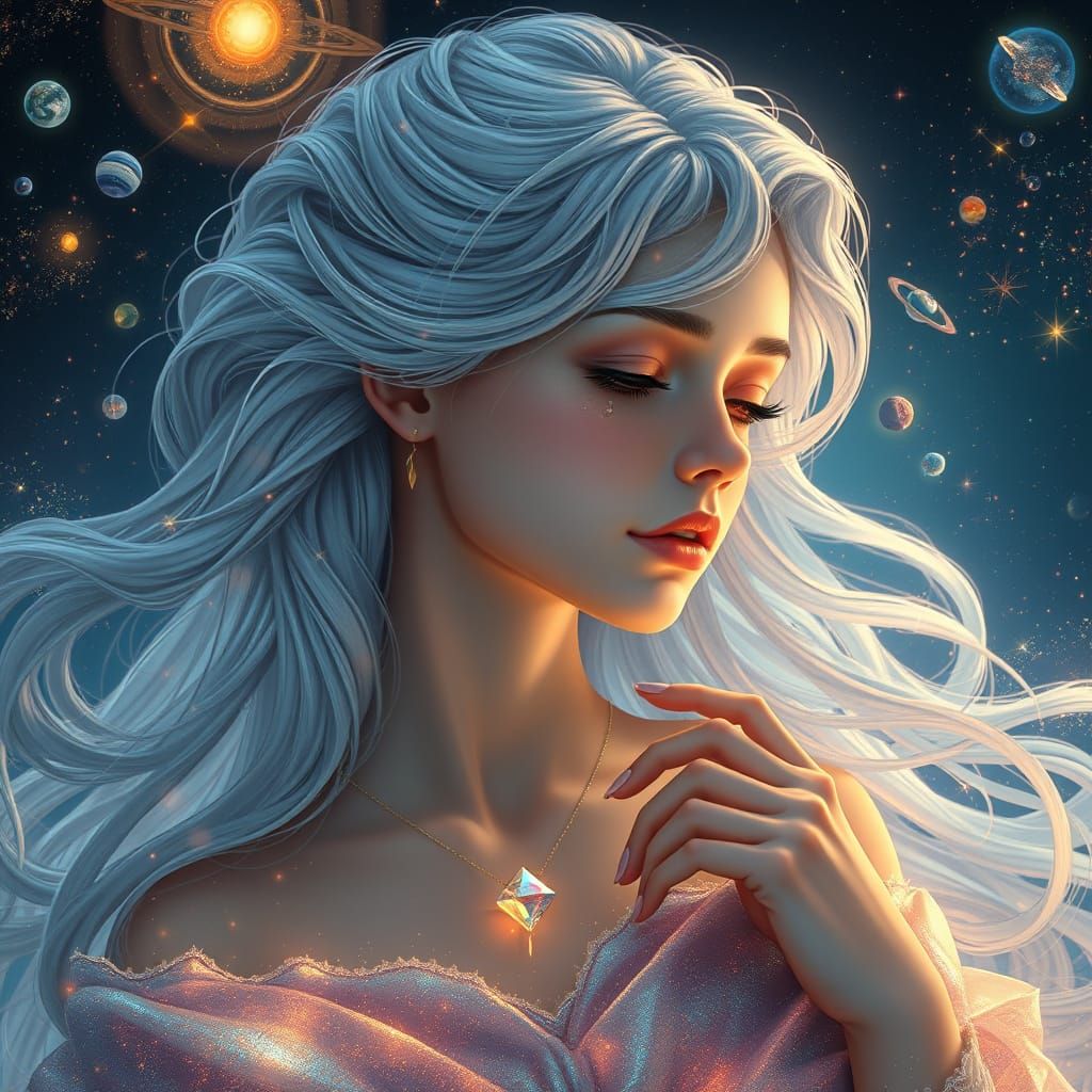 Regal Cosmic Goddess in Vibrant, Ethereal Tapestry