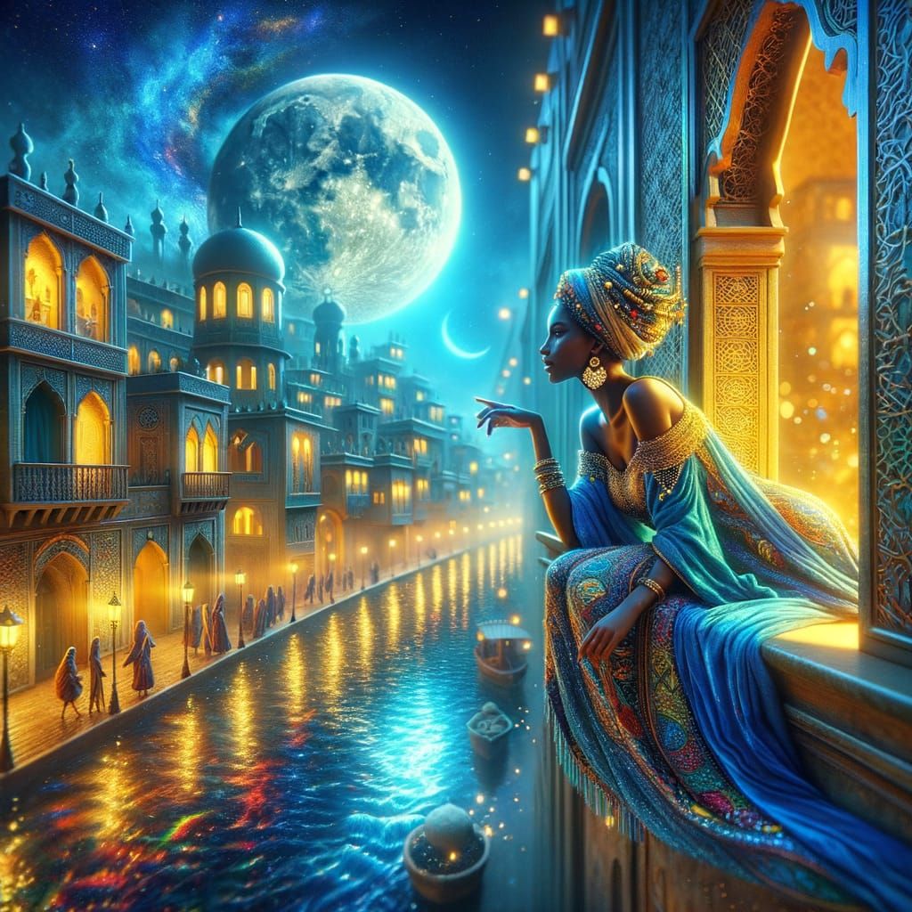 Enchanted African Princess Under Full Moon in Renaissance Pa...