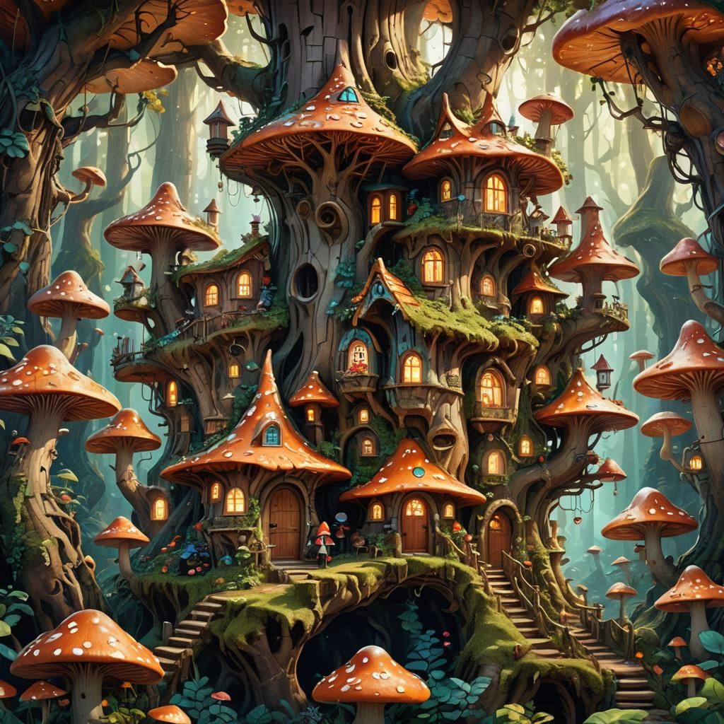 Whimsical Mushroom Village in Lush Forest, Digital Art