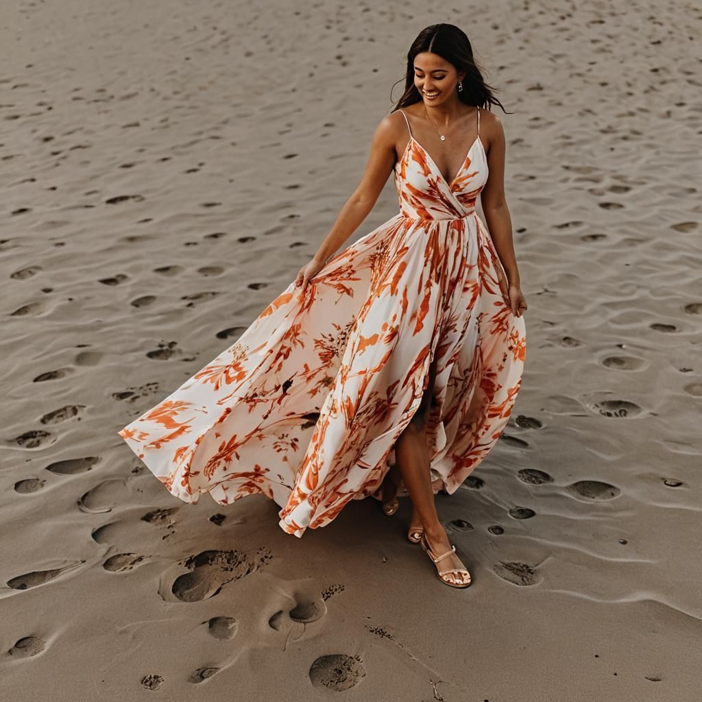 Woman in Sunset Dress on Beach