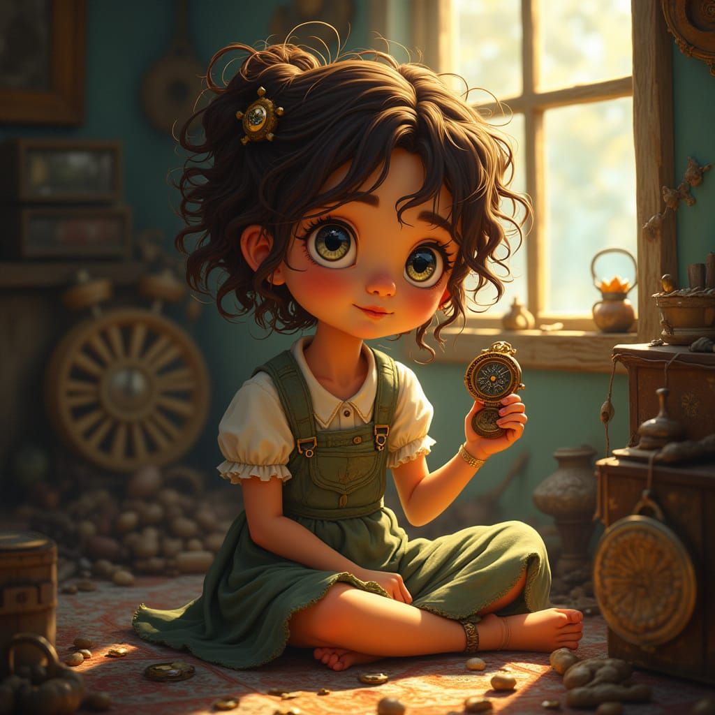 Girl with Compass and Obsidian Stone in Attic