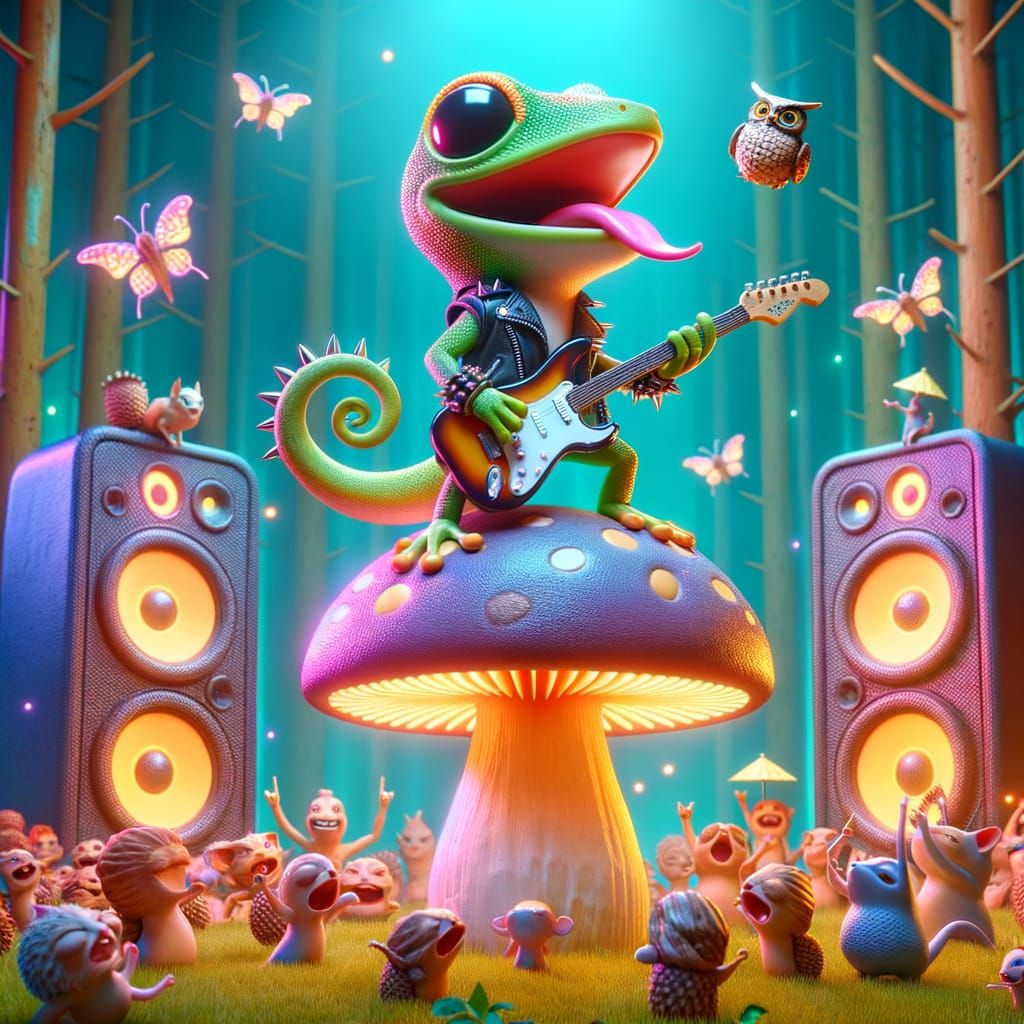 Gecko Rockstar Concert in 3D Cartoon Style