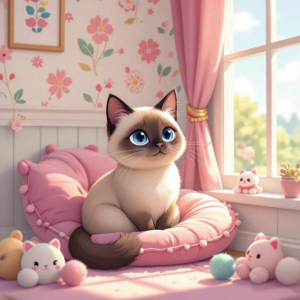 Siamese Cat in Kawaii Style Sunlit Room