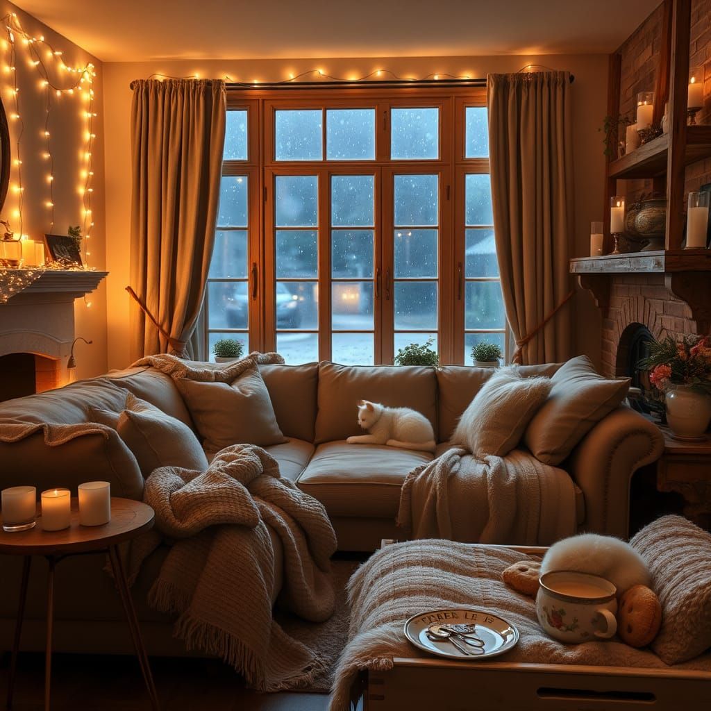 Serene Living Room with Fireplace and Fairy Lights
