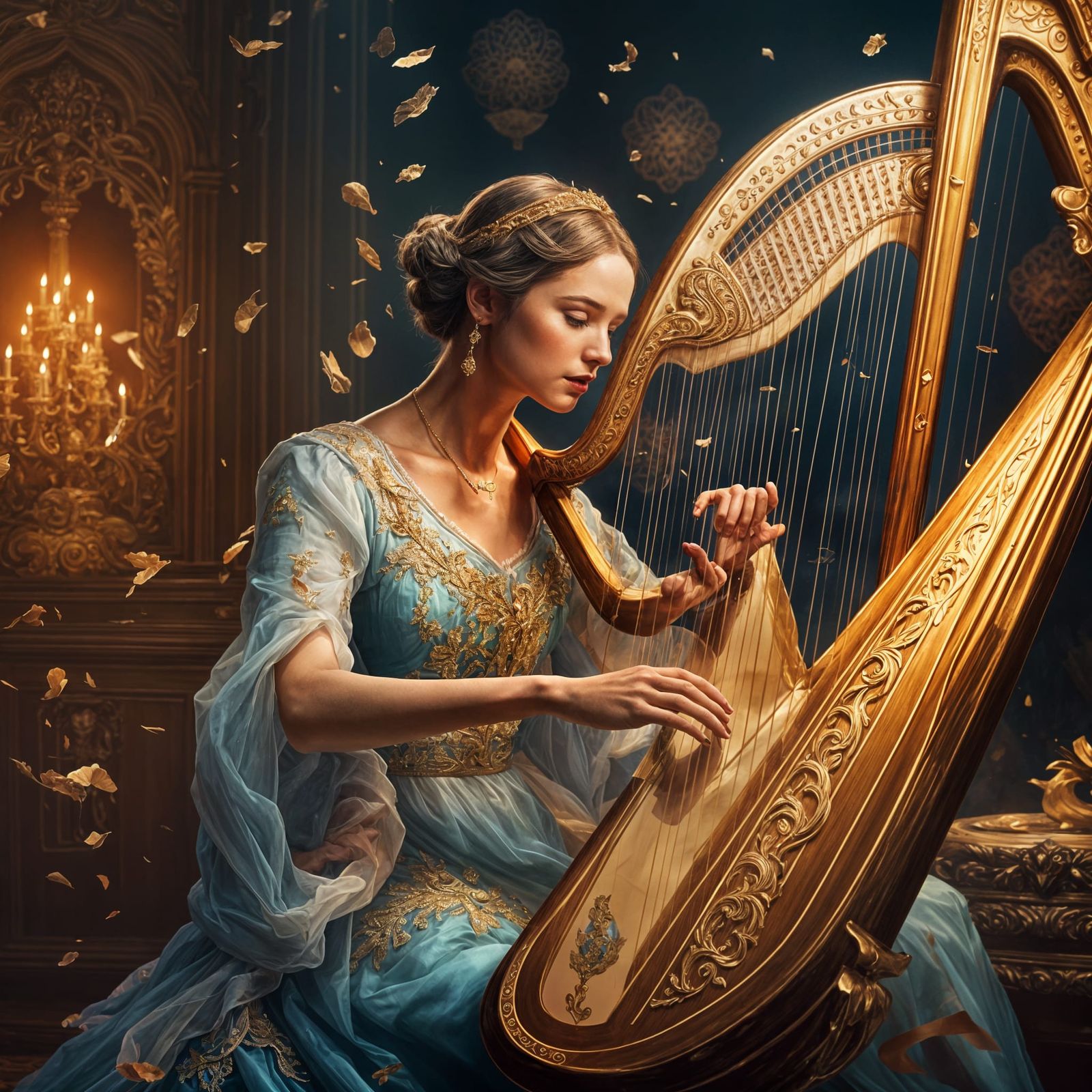 Elegant Lady Playing Harp in Hyperrealistic Style